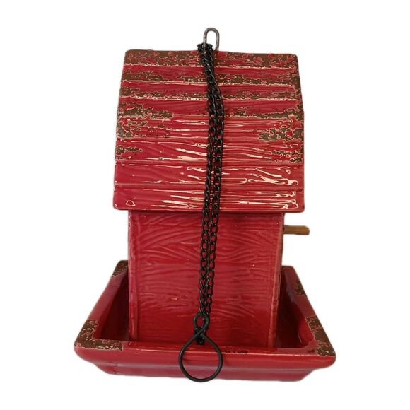 Ceramic Red Barn Bird Feeder With Hanging Chain & Perch Stick 8 "x 6" x 6" - Picture 2 of 14